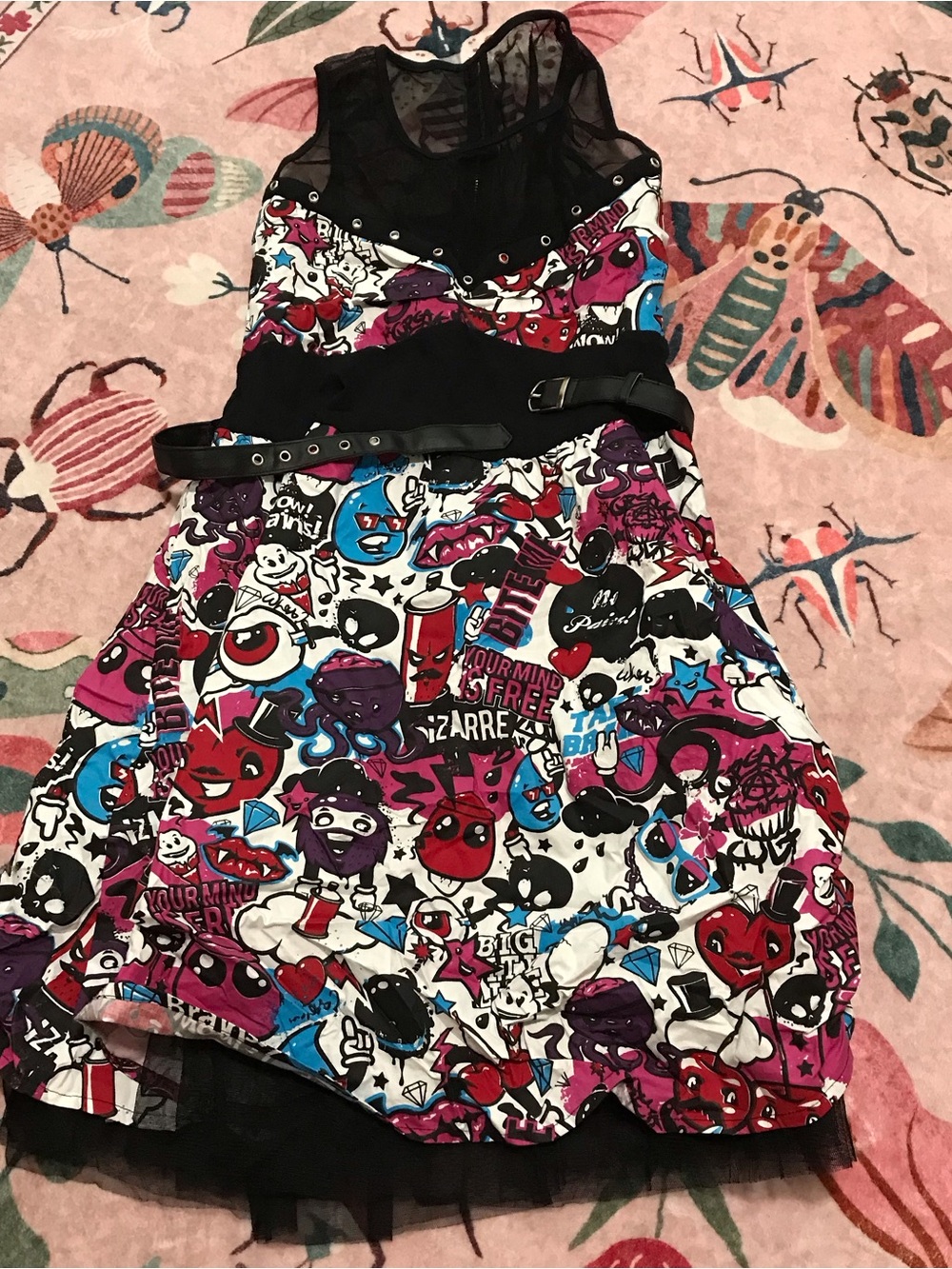 Dolls Kill Black Mesh Pop-Art Graphic Skater Dress with Belt